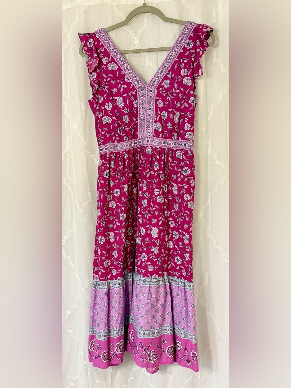 LOFT Size 0 Fuchsia Pink Floral Border Print Midi Dress